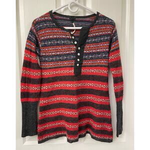 Free People Wool Alpaca Blend Striped Crew Neck Geometric shirt red and black XS